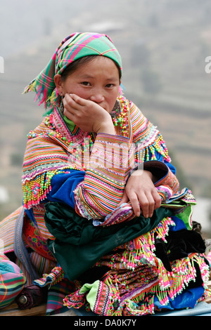 Ritratto di giovane fiore donna Hmong al mercato di Bac Ha, Vietnam, sud-est asiatico Foto Stock