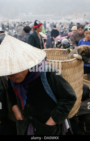 Donna vietnamita indossando il tradizionale cappello conico alla tribù della collina nel mercato di Bac Ha, Vietnam, sud-est asiatico Foto Stock