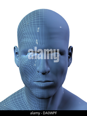 3D render di maschi faccia con metà della faccia a wireframe Foto Stock