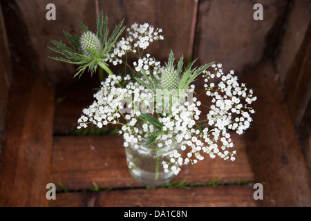 Disposizione semplice di fiori di colore bianco e verde di cardi in un vaso di vetro posto sul vecchio sedile in legno Foto Stock