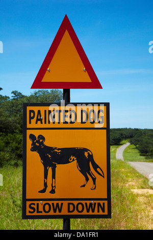Dipinto di cane segno di avvertimento, vicino al Parco Nazionale di Hwange, Zimbabwe, Sud Africa Foto Stock