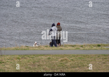 Coppia giovane a piedi il loro cane vicino alla spiaggia, giocando con il cane lanciando una sfera/giocattolo. Foto Stock