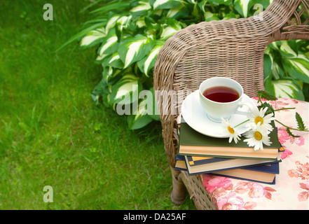 Tazza di tè con un libro e chamomiles su una sedia Foto Stock