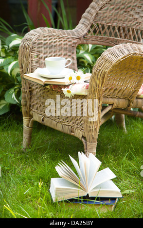 Tazza di tè con un libro e chamomiles su una sedia Foto Stock