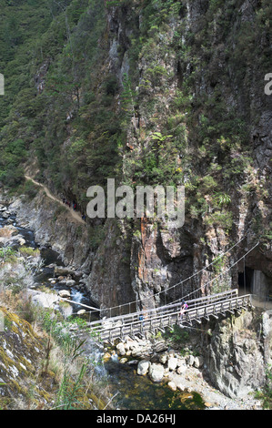 dh Waitawheta River KARANGHAKE GORGE NEW ZEALAND persone sul sentiero sopra gola fiume piedi ponte legno Foto Stock