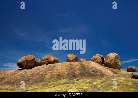 Massi in cima Malindidzimu (collina degli spiriti), o "visione del mondo", Matobo National Park, Colline di Matobo Sito Patrimonio Mondiale Foto Stock