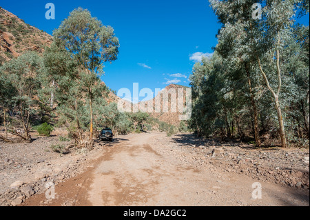 Un polveroso sporcizia outback road classificato attraverso un letto asciutto del fiume in South Australia è una macchina robusta bellissimo Flinders Ranges. Foto Stock