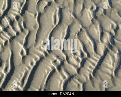 Random, modelli astratti creati dalla marea sulla sabbia della spiaggia Worthing, West Sussex, Regno Unito Foto Stock