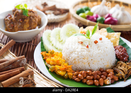 Nasi lemak, popolare di cibo malese piatto è servito con pollo rendang. Foto Stock