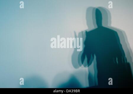 L'ombra del CEO di Deutsch Bahn (Ferrovie Tedesche) Ruediger Grube è raffigurato durante il suo discorso per contrassegnare il 125th compleanno della stazione centrale di Francoforte sul Meno, Germania, 02 luglio 2013. La stazione ferroviaria è stato inaugurato il 18 agosto 1888. Anche oggi la stazione è un hub per il traffico ferroviario in Germania e circa 350.000 persone passano attraverso di essa ogni giorno. Foto: BORIS ROESSLER Foto Stock