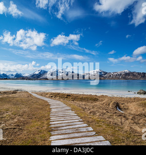 Passerella in legno che conduce alla spiaggia di Ramberg, Ramberg, Flakstadoy, Isole Lofoten in Norvegia Foto Stock