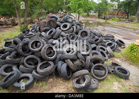 Centinaia di pneumatici attesa di smaltimento come la piaga di Detroit competente pulisce 14 blocchi del quartiere Brightmoor. Foto Stock