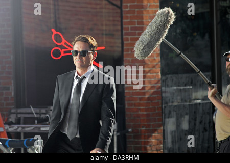 Robert Downey Jr durante le riprese di 'Il giudice' in Shelburne Falls, Massachusetts Foto Stock