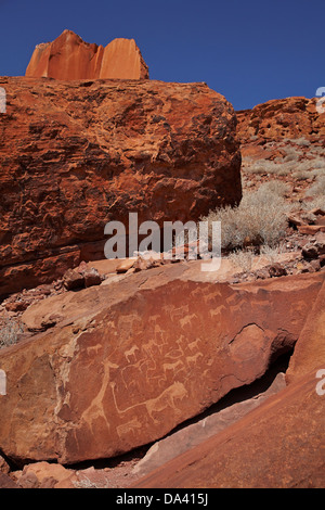 Piastra di Lion con Lion uomo antiche incisioni di roccia, Twyfelfontein Sito Patrimonio Mondiale dell'UNESCO, Damaraland, Namibia, Africa Foto Stock