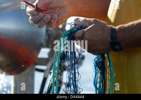 All'interno di un Gill net aragoste barca da pesca. Foto Stock