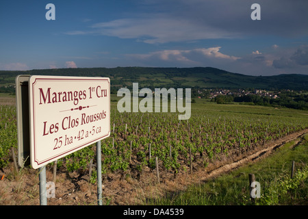 Maranges premier cru sign in primo piano, Cheilly les Maranges in background. In Cotes de Beaune vigneti Foto Stock