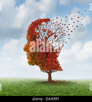 Malattia del cervello con la perdita di memoria a causa di demenza e morbo di Alzheimer malattia con il medico di icona di una stagione autunnale colore albero in t Foto Stock