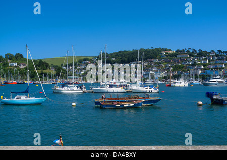 Kingswear, Devon, Inghilterra. Il 1 luglio 2013. Una varietà di barche, navi per la pesca a strascico e le imbarcazioni da diporto con uno sfondo di Kingswear village. Foto Stock