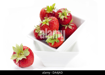 Raccolti freschi fragola rossa in un colore bianco porcellana ciotola di fronte a uno sfondo bianco Foto Stock