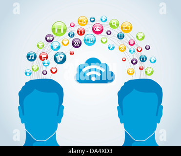 Il cloud computing network uomini capi lo schema di interazione. Illustrazione Vettoriale stratificata per una facile manipolazione e colorazione personalizzata. Foto Stock