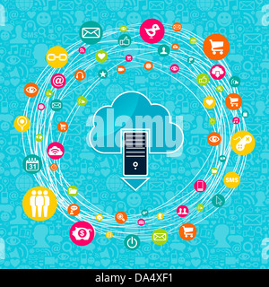 Il cloud computing reti schema server concetto. Illustrazione Vettoriale stratificata per una facile manipolazione e colorazione personalizzata. Foto Stock