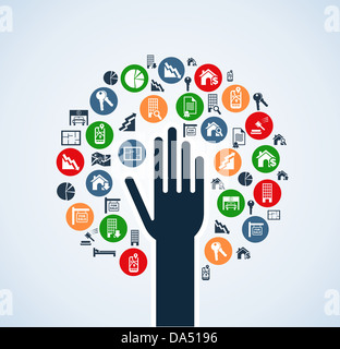 Real estate icon set in mano ad albero silhouette isolato su bianco. File vettoriale stratificata per una facile manipolazione e colorazione personalizzata. Foto Stock