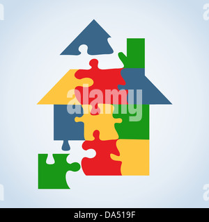 Immobiliare puzzle icona house set in tree silhouette isolato su bianco. File vettoriale stratificata per una facile manipolazione e colorazione personalizzata. Foto Stock