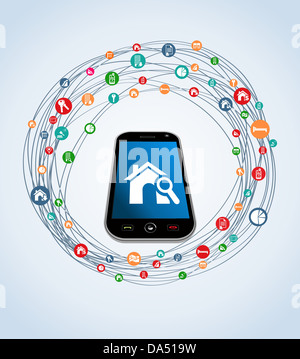 Real estate Imposta icona intorno a smart phone in prospettiva. File vettoriale stratificata per una facile manipolazione e colorazione personalizzata. Foto Stock