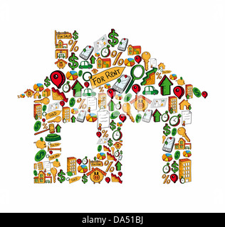 Real estate icon set in casa silhouette isolato su bianco. File vettoriale stratificata per una facile manipolazione e colorazione personalizzata. Foto Stock