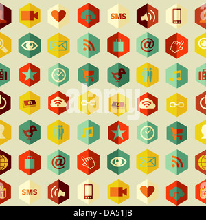Social media le icone delle applicazioni seamless pattern. Illustrazione Vettoriale stratificata per una facile manipolazione e colorazione personalizzata. Foto Stock