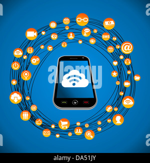 Social media network con il set di icone di cerchio e smart phone. Illustrazione Vettoriale stratificata per una facile manipolazione e colorazione personalizzata. Foto Stock