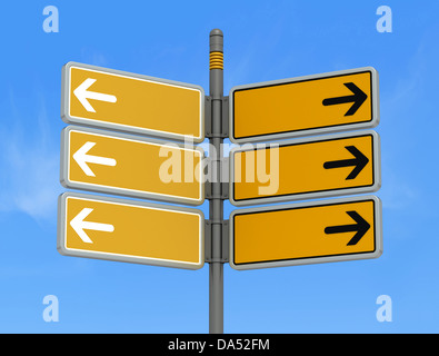 Sei giallo vuota road sign-post contro il cielo blu - il rendering Foto Stock