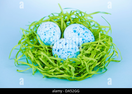 Tre blu screziato uova di pasqua nel libro verde nido di erba Foto Stock