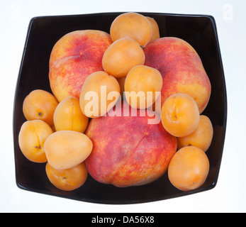 Pesche e albicocche mature, in piastra nera isolati su sfondo bianco Foto Stock