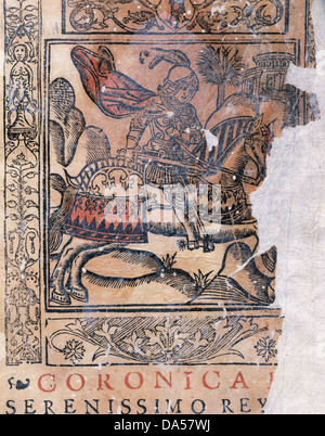 Il re Pietro I di Castiglia (1334-1369) chiamato Pedro il crudele o il proprio. Incisione in 'episodio della Cronica del serenisimo rey Pedro I'. Foto Stock