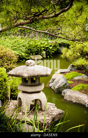 Lanterna e koi pond presso la Minnesota landscape arboretum giardino giapponese. Foto Stock