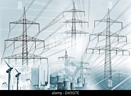 La composizione circa la generazione di potenza classic, così come la produzione di energia eolica e solare, e sul tema del trasporto di corrente. Foto Stock