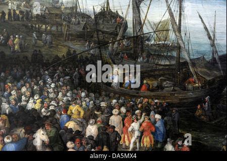 Jan Brueghel il Vecchio (1568-1625). Pittore fiammingo, porto in scena con la predicazione di Cristo, 1598. Foto Stock