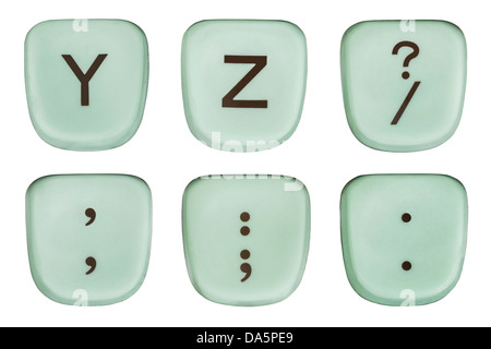 Vendemmia verde y e z i tasti di una macchina da scrivere e i segni di punteggiatura macro dettagli in bianco. Foto Stock