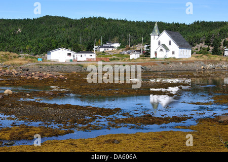 Villaggio di Pescatori, costa Nord, Terranova, Canada, villaggio, acqua, foresta Foto Stock