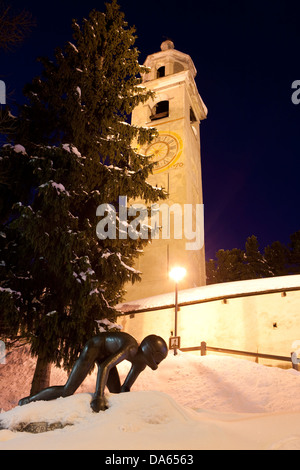 Saint Moritz, torre sghemba, rook, Torre, chiesa, religione, paese, città, inverno, Canton, GR, Grigioni, Grigioni, Engadina Engadina, Foto Stock