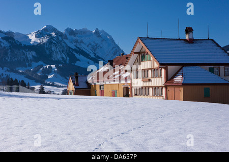 Agriturismo, Säntis, inverno, montagna, montagne, agricoltura, cantone di Appenzell, Innerroden, area di Appenzell, Alpstein, Svizzera e UE Foto Stock