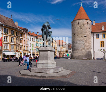 Yverdon, Castello, paese, città, Canton, VD, Vaud, Svizzera Occidentale, Svizzera, Europa, monumento, Pestalozzi, torre rook, Foto Stock