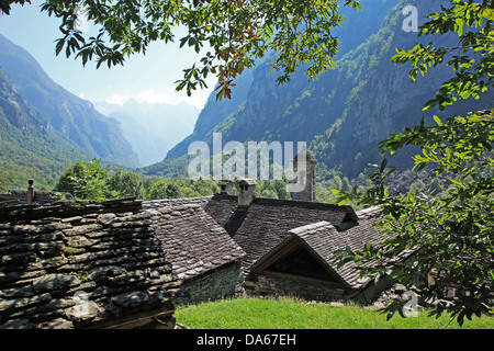 La Svizzera, Europa, del Cantone Ticino, Val Bavona, Foroglio, Viaggi, geografia, Villaggio, cappella, pietra, casa, Svizzero, tranquilla, Foto Stock