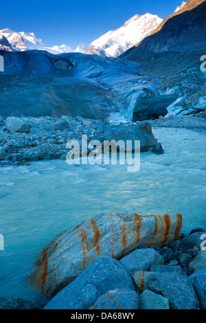 Morteratsch ghiacciaio, Svizzera, Europa, del cantone dei Grigioni, Grigioni, Engadina Engadina, fiume, flusso, ghiacciaio, il ghiacciaio bocca, mi Foto Stock