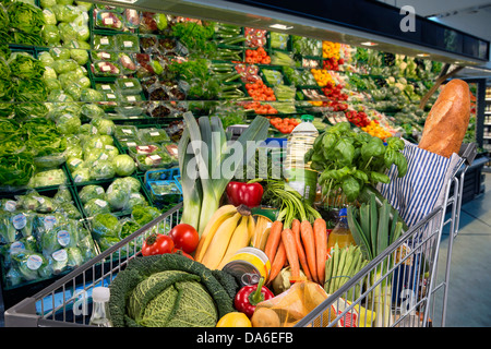 Carrello della spesa con gli alimenti al supermercato. Foto Stock