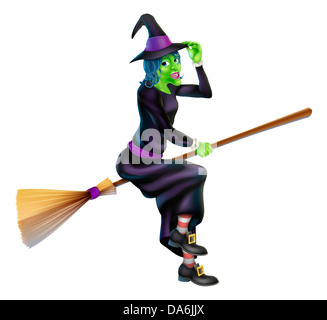 Illustrazione di un felice cartoon Halloween strega volare sulla sua scopa e il suo ribaltamento hat Foto Stock