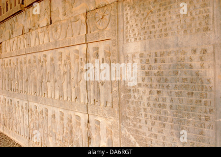 Bassorilievi in corrispondenza delle pareti del Palazzo Apadana e la scala, Persepolis, Iran centrale Foto Stock