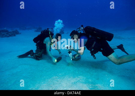 US Navy l'eliminazione degli ordigni esplosivi subacqueo e un marinaio dal Royal Jordanian Navy posto un addebito per un sottomarino di detonazione durante l'esercizio desiderosi Lion Giugno 13, 2013 in Aqaba Giordania. Foto Stock