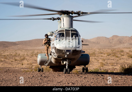 Un marine statunitense CH-46 Sea Knight elicottero durante un esercizio di Formazione Giugno 22, 2013 a Marine Corps Air Ground Centro di combattimento ventinove Palms, CA. Foto Stock